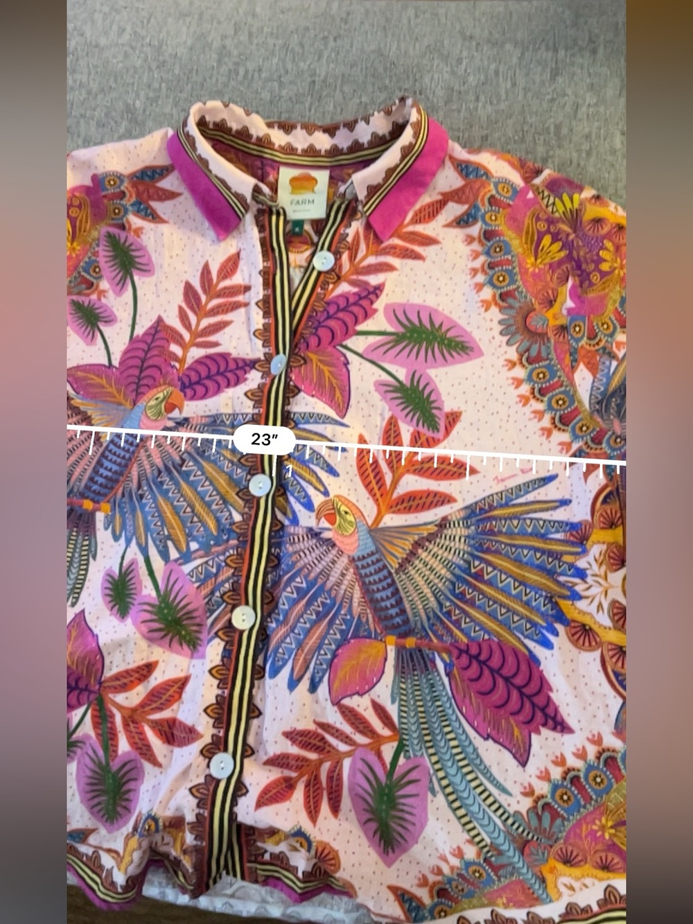 Farm Rio Anthropologie Colorful Tropical Bird Print Button-Up Blouse - NWOT - XL - Picture 15 of 17